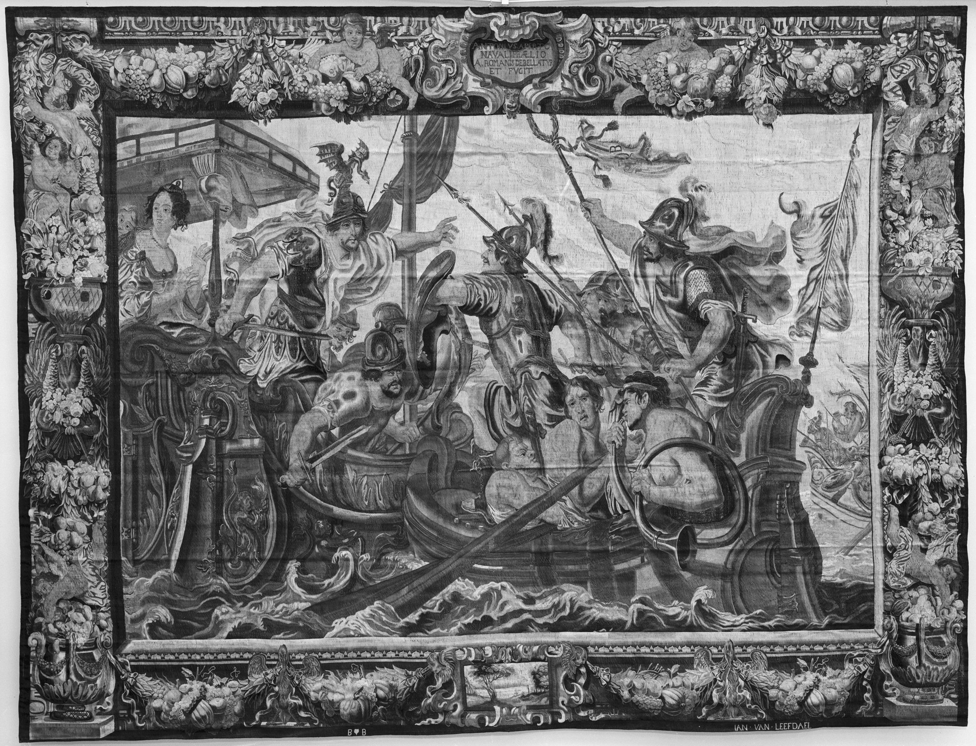 Ships and soldiers in a tapestry imagining the Battle of Actium