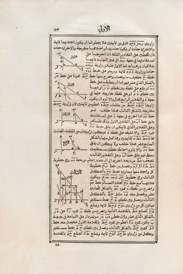 Arabic text and geometric diagrams in a 1594 edition of Euclid’s Elements