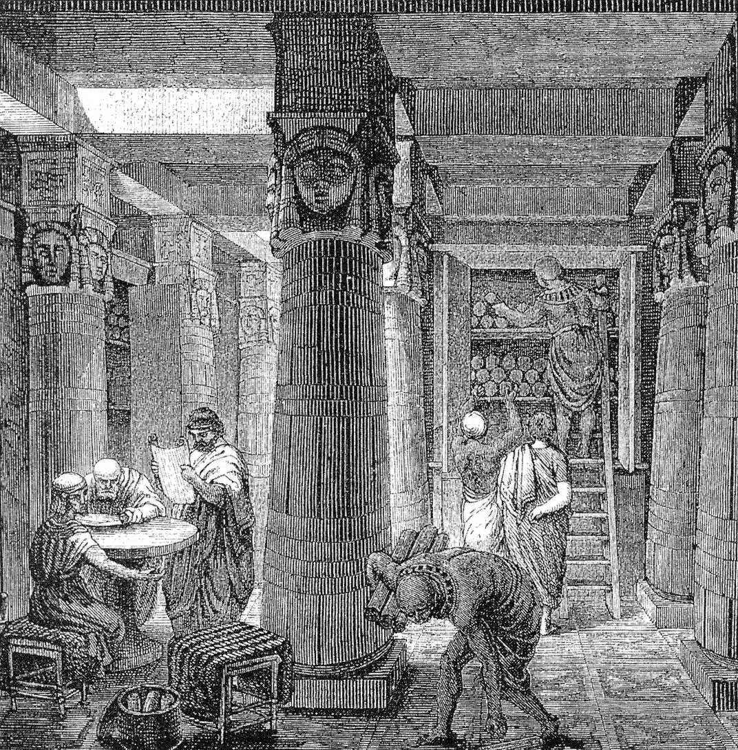 Scholars among scrolls and columns in O. Von Corven’s imagined Library of Alexandria