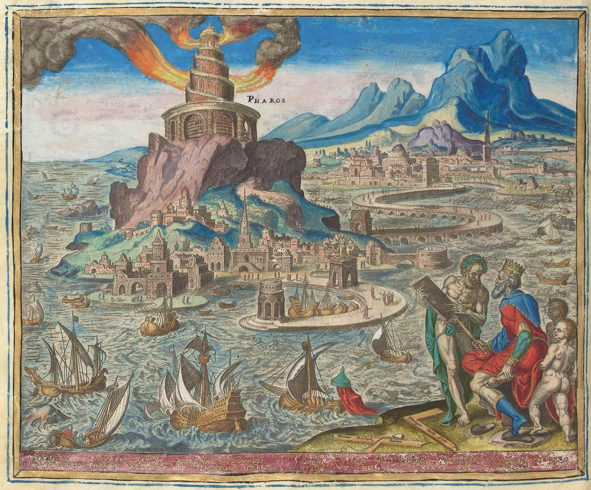 Philips Galle’s imagined Lighthouse of Alexandria above a busy harbor
