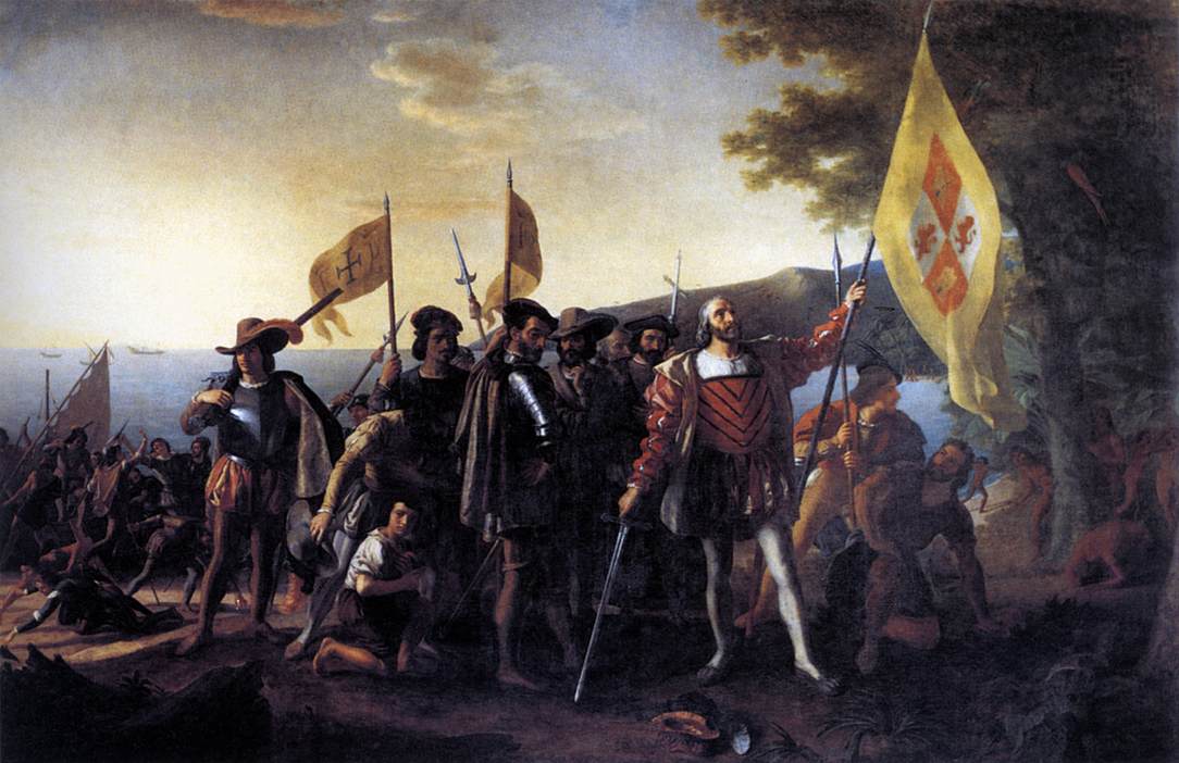 Columbus and his party landing at Guanahani with royal standards, as imagined by John Vanderlyn