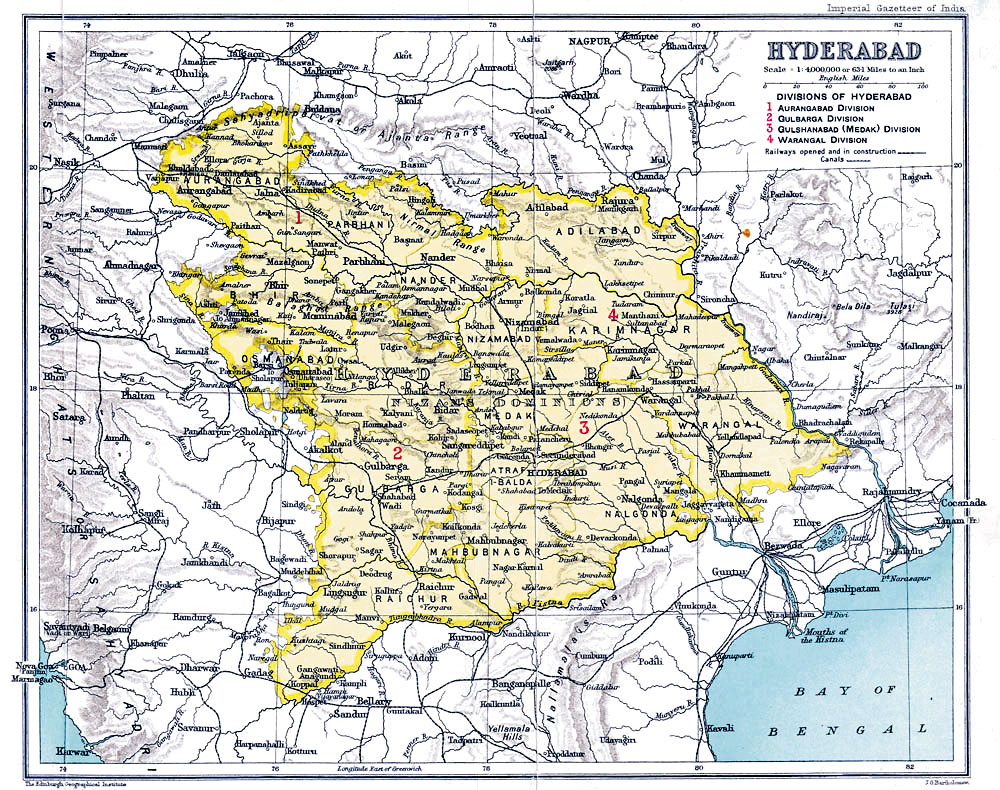 Hyderabad State in the early twentieth century. The Nizam's dominions extended far beyond modern Telangana.