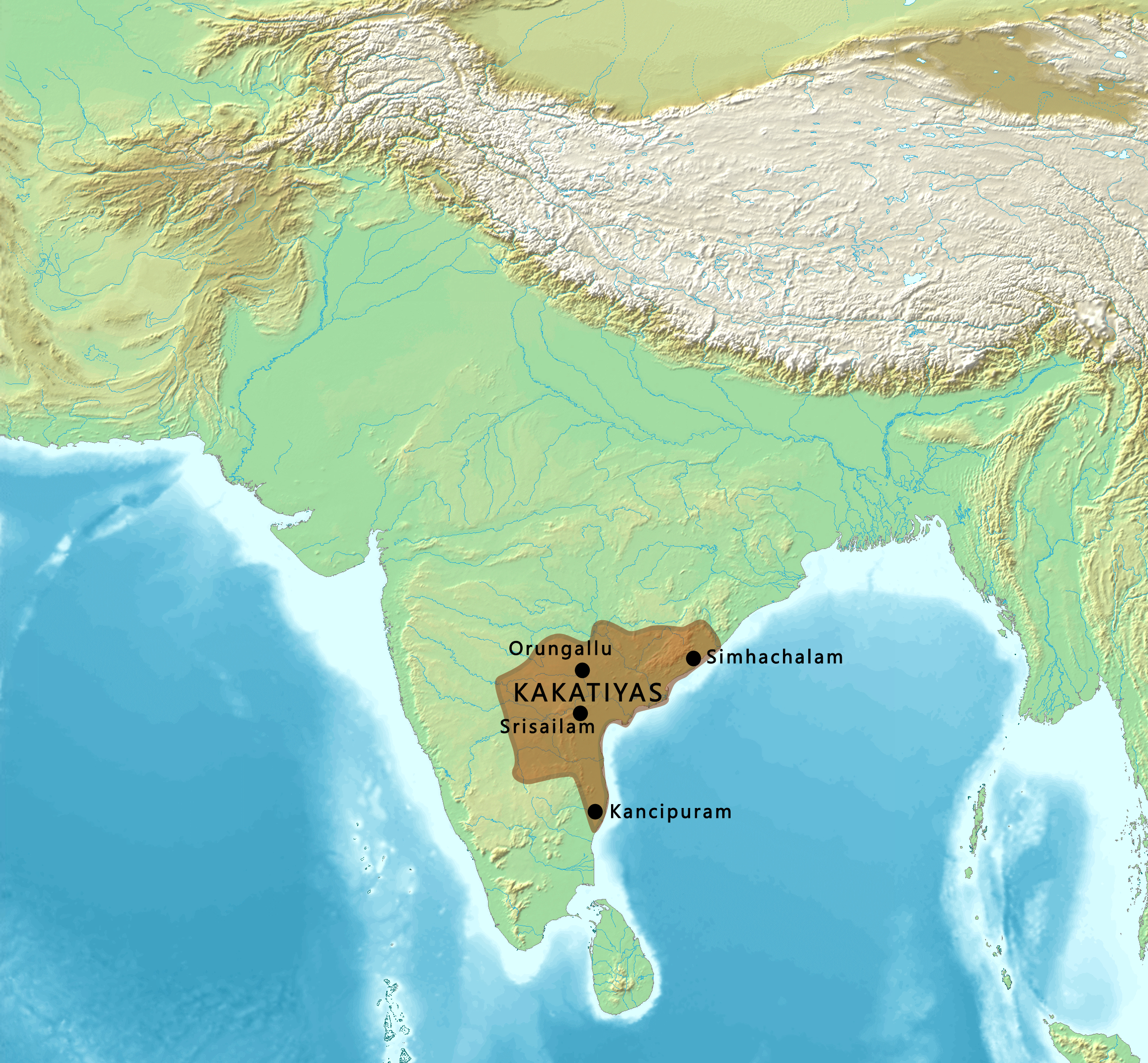 Approximate extent of Kakatiya power. Warangal, rather than Hyderabad, was the great political centre of this region before the fourteenth century.