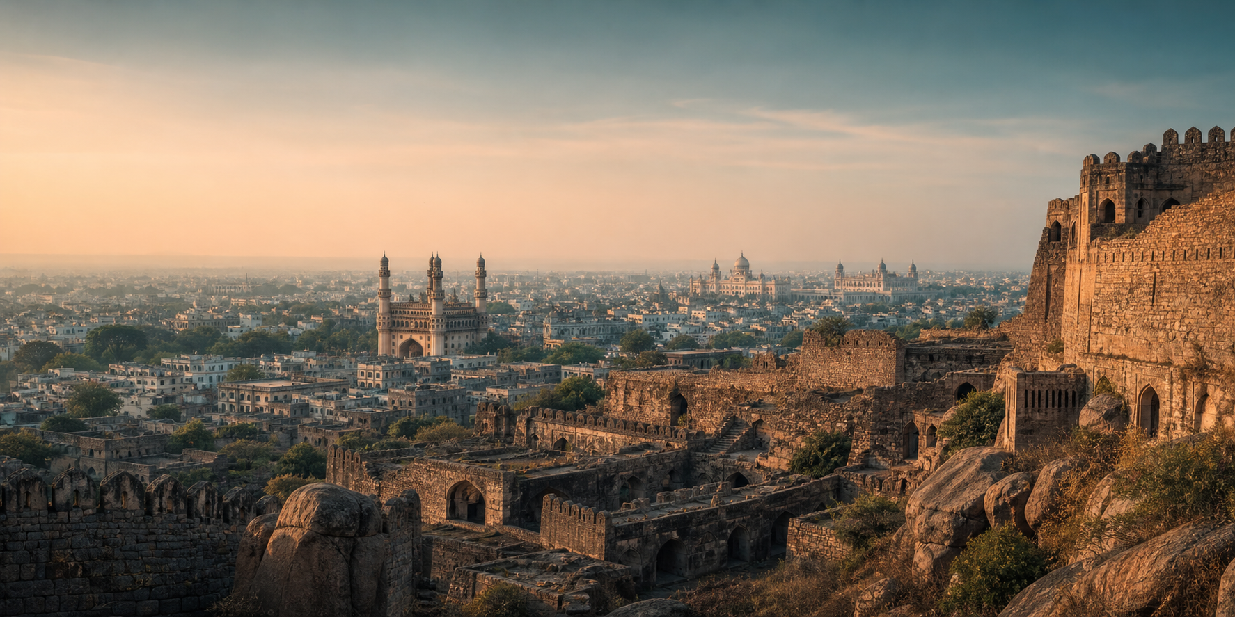 Illustrated panorama connecting Golconda Fort with historic Hyderabad